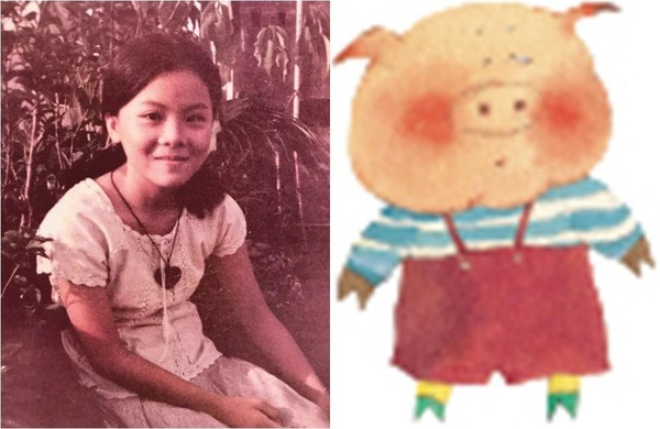 李瑾倫小時候的臉頰胖嘟嘟（左圖），代表作《子兒，吐吐》裡的主角小豬「胖臉兒」（右圖），靈感正來自於此。（李瑾倫提供）