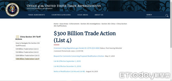 ▲美國貿易署(USTR)17日更新關稅制裁名單。（圖／翻攝美國貿易署官網）