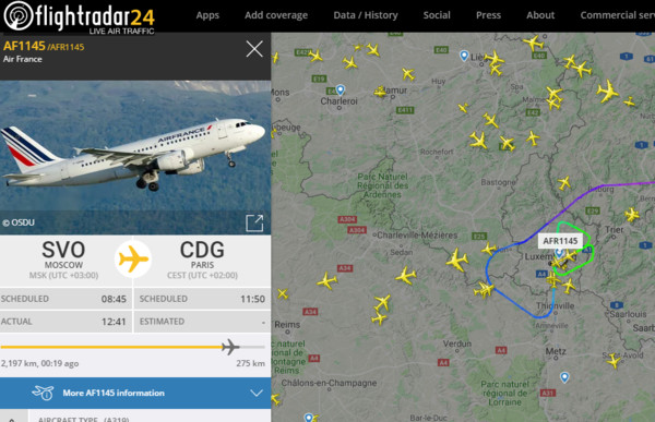 ▲▼ 法國航空（Air France）編號AF1145航班稍早宣布緊急破降盧森堡 。（圖／翻攝自Flightradar）