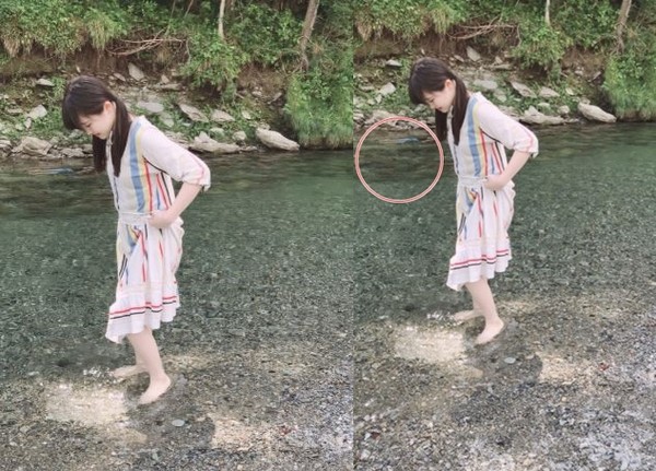 ▼ 小野田紗栞身後的水面上出現一個漂浮的身影。（圖／翻攝自Tsubaki Factory Ameba）