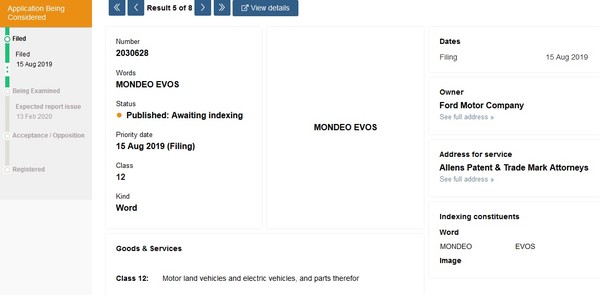 ▲福特於英國、澳洲、紐西蘭等地申請Mondeo Evos商標。（圖／翻攝自Carscoops）