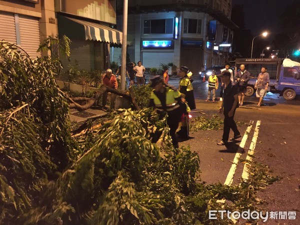 ▲東區裕信路與裕信二街口，有路樹倒塌橫阻於道路中間，警方會同民眾，共同協助鋸斷路樹移至路邊，清掃殘枝排除路障迅速恢復道路順暢，確保行車安全。（圖／記者林悅翻攝，下同）