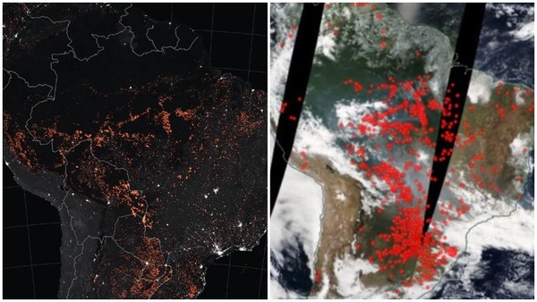 ▲亞馬遜火勢極大，NASA公布衛星圖密集紅點驚人。（圖／翻攝自NASA）