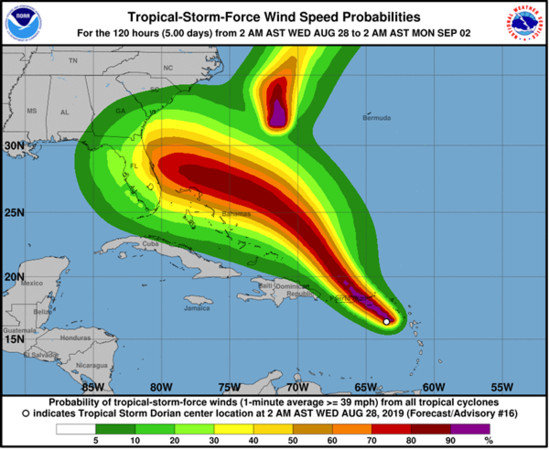 ▲▼熱帶暴風多利安（Dorian）風速預測圖（圖／翻攝自US National Hurricane Center）