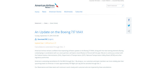 ▲美國航空宣布繼續停飛波音737MAX。（圖／翻攝自美國航空官網）