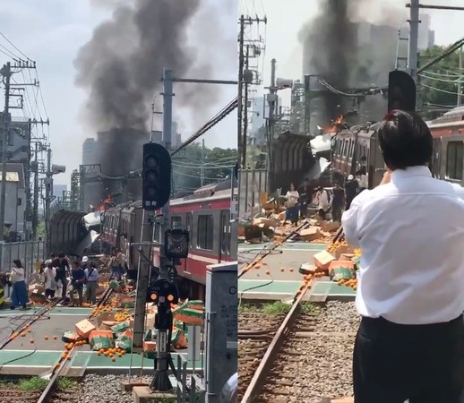 ▲▼日本神奈川縣京急線列車撞卡車，超過30人受傷。（圖／翻攝自推特）