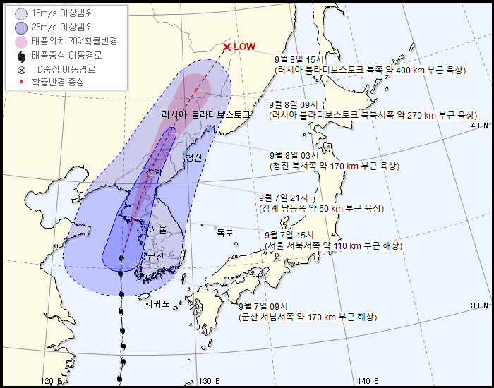 ▲▼南韓氣象廳預測玲玲路徑。（圖／翻攝自南韓氣象廳網站）