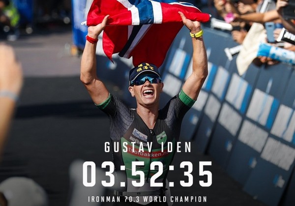 ▲挪威選手Gustav Iden在法國尼斯鐵人三項世界錦標賽奪冠，頭上戴「埔鹽順澤宮」帽子。（圖擷自IRONMAN 70.3 World Championship）
