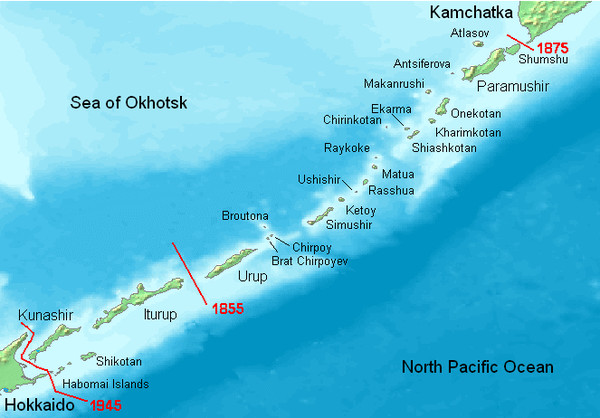 ▲左下角介於1855年與1945年間的4個島嶼，是日俄主權爭議的北方四島。（圖／翻攝自維基）