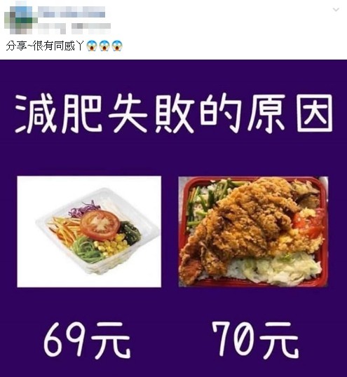 ▲「69元沙拉vs.70元雞排飯」她一張中肯圖：減肥失敗原因　萬人笑　（圖／翻攝爆瘦公社）