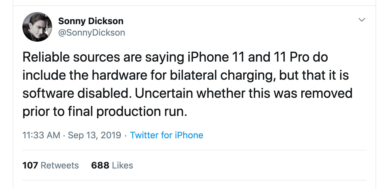 ▲▼推特爆料達人Sonny Dickson貼文指出，三款新iPhone都擁有反向無線充電功能，只不過Apple用軟體鎖住了。（圖／翻攝自推特）