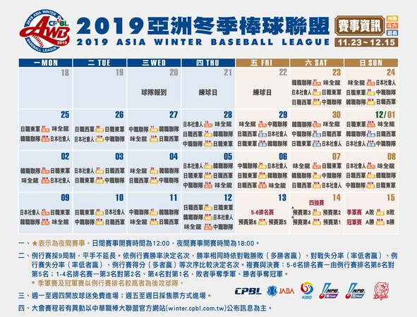 ▲2019亞洲棒球冬季聯盟賽程。（圖／中華職棒提供）