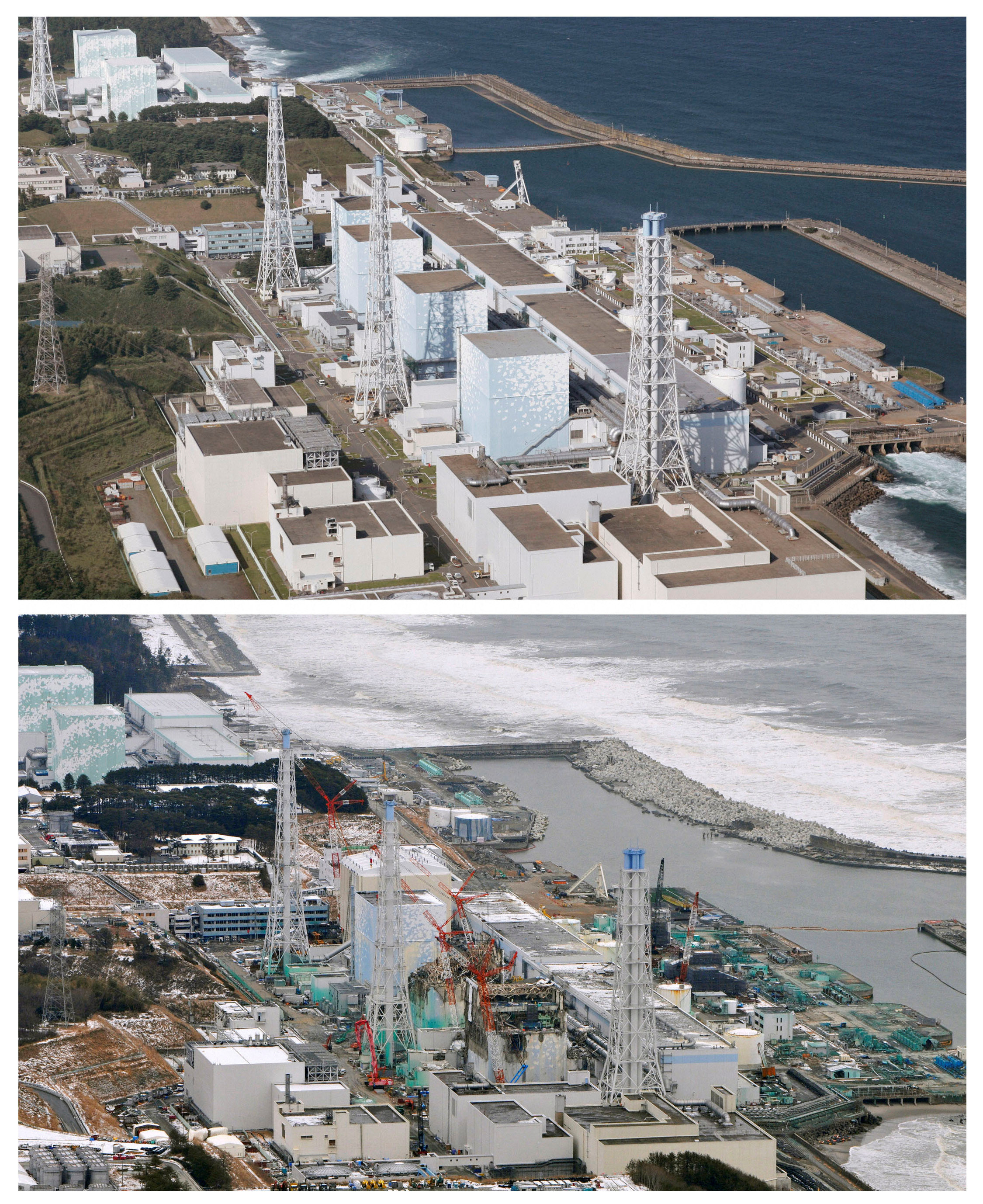 ▲▼東京電力公司福島第一核電廠2008年10月及2012年2月26日空拍圖。（圖／路透）