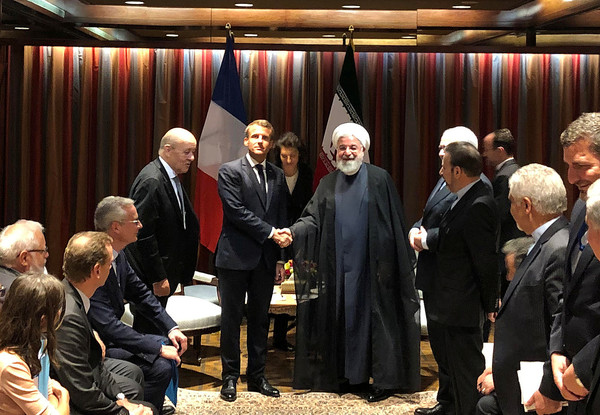 ▲▼法國總統馬克宏（Emmanuel Macron）與伊朗總統羅哈尼（Hassan Rouhan）於聯合國大會期間會面。（圖／路透）
