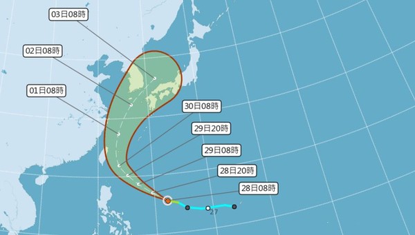 ▲▼從米塔颱風路徑潛勢預測圖可見，下周一、二最接近台灣。（圖／氣象局）