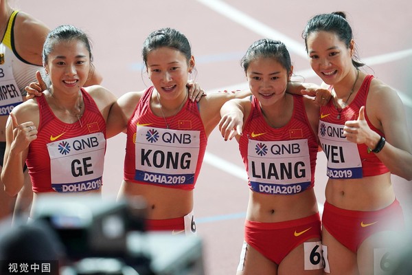 ▲世錦賽，女子400公尺接力，韋永麗（右一）、梁小靜（右二）、葛曼棋（左一）、孔令微（左二）。（圖／CFP）