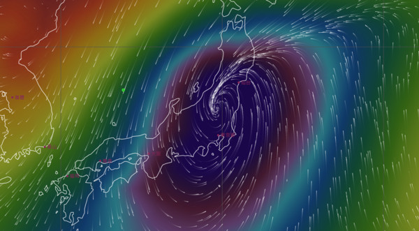 ▲▼哈吉貝颱風氣壓分布圖，整個日本東岸宛如陷入黑洞。（圖／翻攝自中央氣象局）