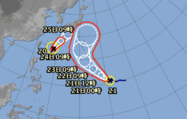 ▲▼ 第20號颱風浣熊也正朝著日本方向前進。（圖／翻攝自日本氣象廳）