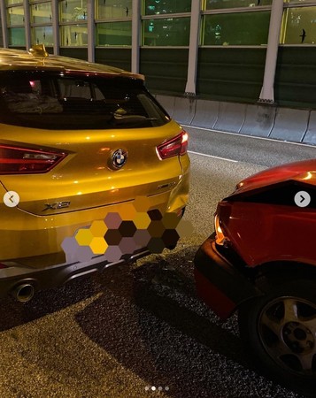 ▲陳庭欣開百萬BMW出車禍，遭後方計程車撞上。（圖／翻攝自陳庭欣Instagram）
