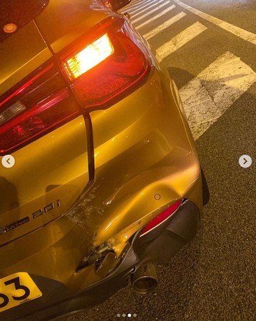 ▲陳庭欣開百萬BMW出車禍，遭後方計程車撞上。（圖／翻攝自陳庭欣Instagram）