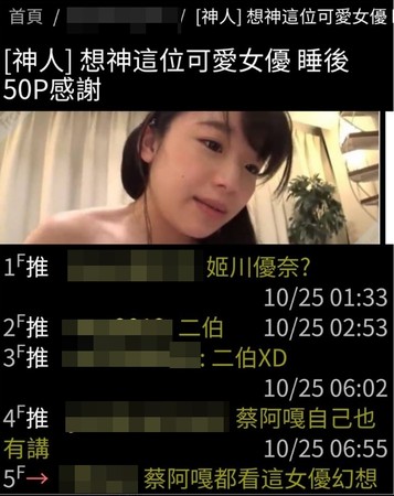 ▲蔡阿嘎分享了一篇PTT貼文，內文回應中有網友歪樓，表示該名女優長得像二伯。（圖／翻攝蔡阿嘎臉書）