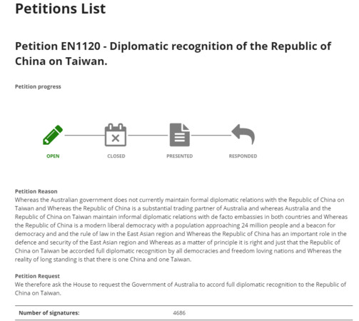 ▲▼澳洲請願網站，連署「對於中華民國台灣的外交承認」。（圖／翻攝Parliament of Australia）