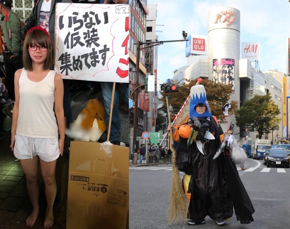 ▲日本人很愛過萬聖節，就有人反過來收集大家不要的裝扮物，最後到了早上變成右一圖模樣。（圖／取自推特／tsumami_gui_）