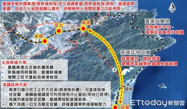 ▲▼高鐵延伸宜蘭在南港延伸引道已完工至⼤坑溪，較無拆遷問題，系統運能、速度、行車調度及車輛基地等亦均優於直鐵方案一、方案二。（圖／鐵道局提供，下同）