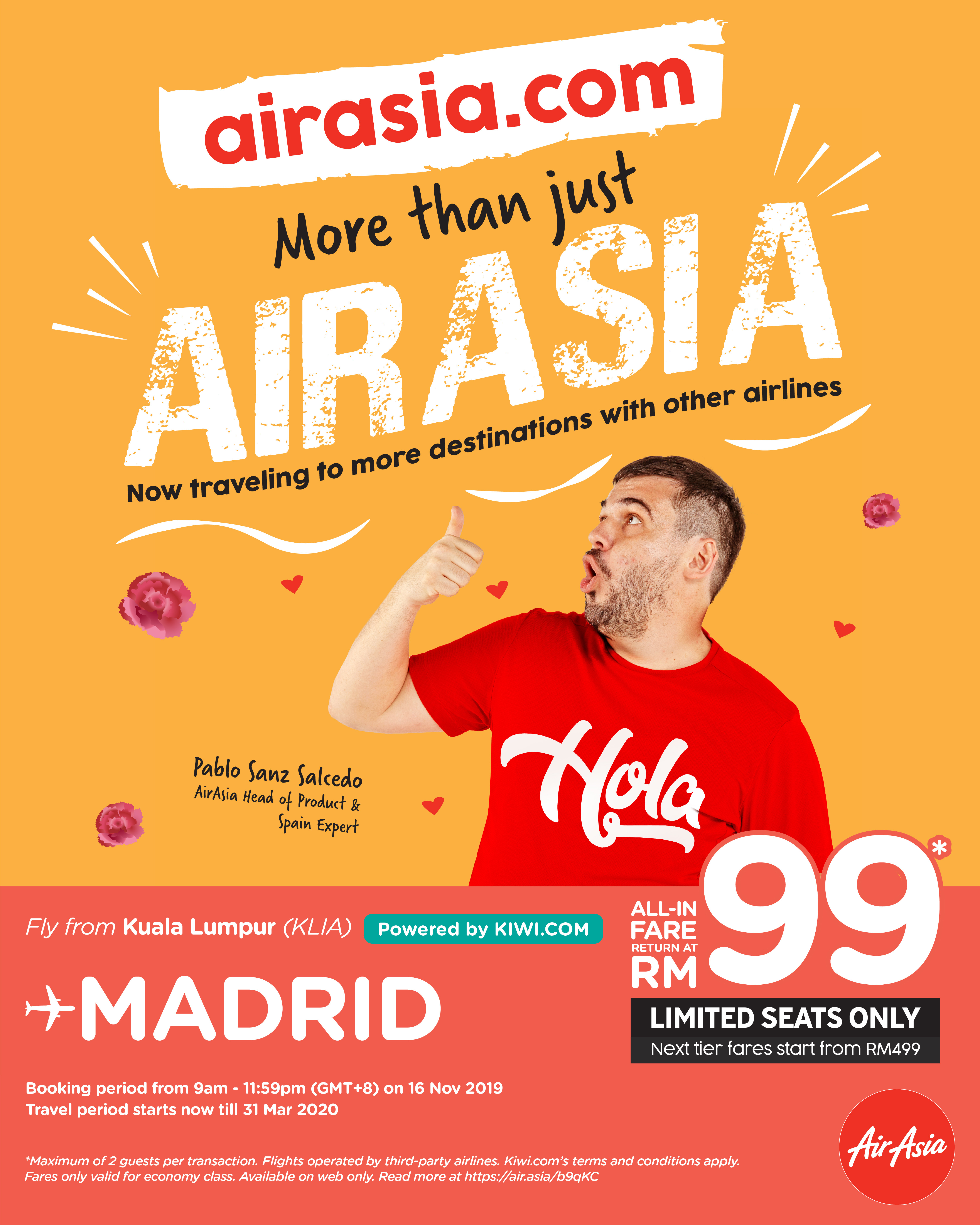 ▲▼從AirAsia官網預訂從吉隆坡前往西班牙馬德里最低票價馬幣99元起。（圖／AirAsia提供）