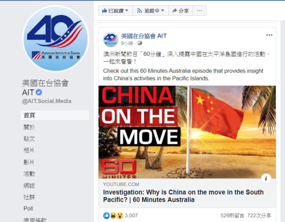 ▲▼AIT在臉書PO出澳洲新聞節目《60分鐘》的內容，遭到韓粉出征。（圖／翻攝自美國在台協會 AIT臉書）