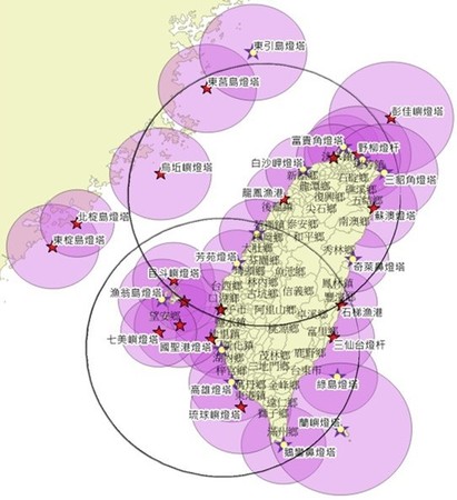 ▲▼AIS岸臺(各站20海浬)及DGNSS站(各站100海浬)涵蓋的範圍。（圖／航港局提供）