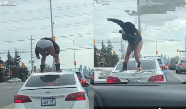 馬路驚見「短褲怪女」趴在車頂上！　失心瘋暴力踩踏外遇男友車。（圖／翻攝自LiveLeak網站）