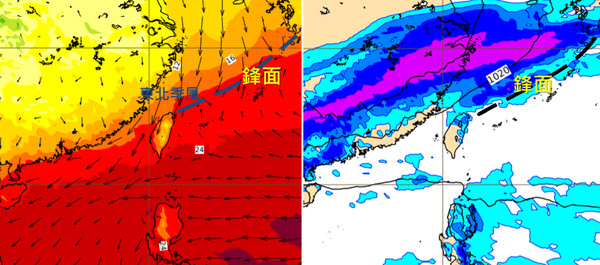 ▲▼最新(12日20時)歐洲中期預報中心(ECMWF)模式，模擬下週四(19日)20時近地層風場(左圖)顯示，鋒面在台灣東側海面，東北季風南下。同時的地面預測圖(右圖)顯示，鋒面在台灣東側海面，迎風已有降雨。（圖／翻攝「三立準氣象·老大洩天機」）