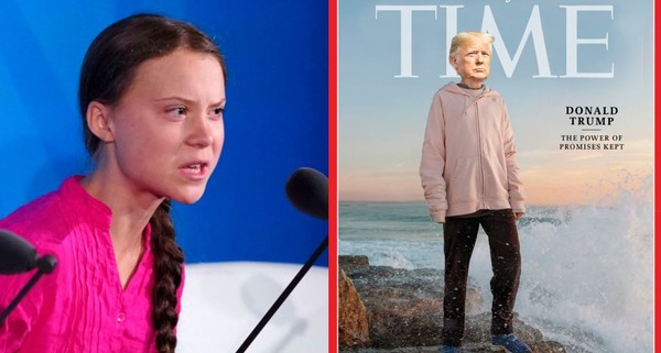 ▲▼川普競選團隊P圖，把瑞典少女桑伯格（Greta Thunberg）的頭換成川普的。（圖／左路透；右翻攝自推特@TrumpWarRoom）