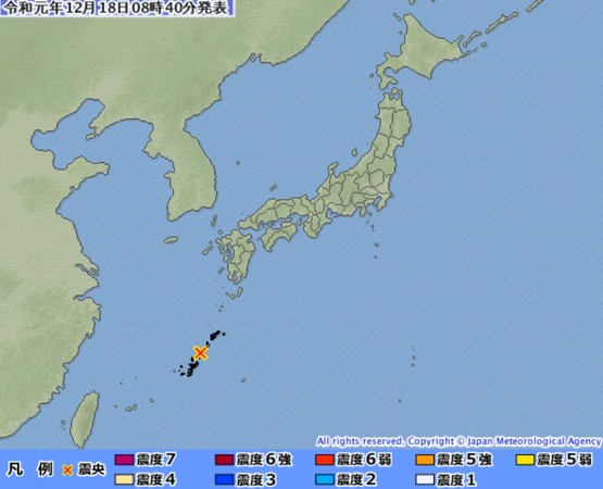 ▲1218日本沖繩近海規模5.0地震。（圖／翻攝自日本氣象廳）