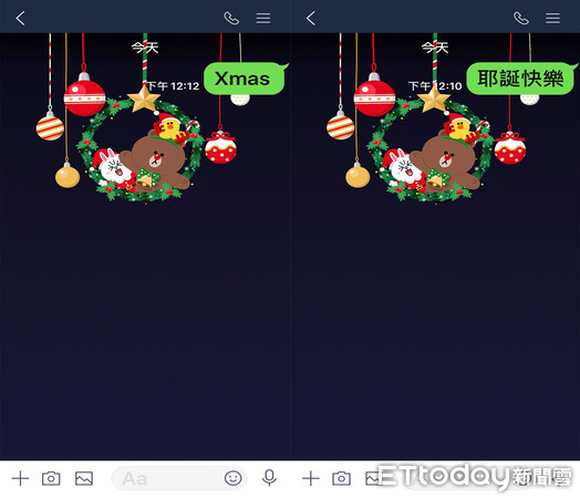 ▲LINE輸入「耶誕快樂」召喚熊大　貼文串耶誕濾鏡一秒變耶誕老公公。（圖／翻攝LINE）