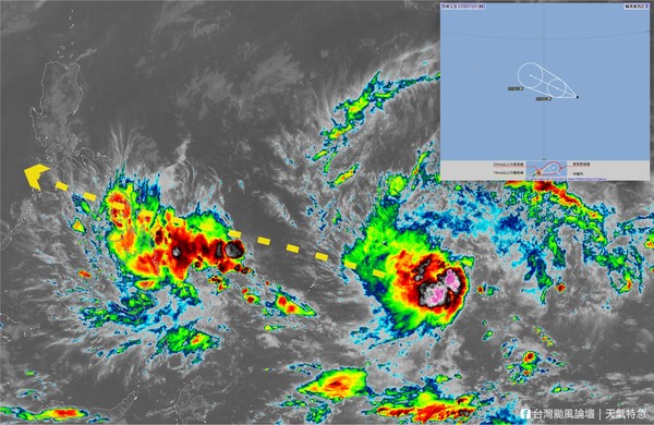 ▲▼位於關島南方低緯度洋面98W，即將成為第29號巴逢颱風。（圖／取自「台灣颱風論壇」）