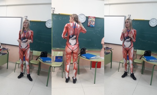 ▲▼穿人體器官緊身衣的西班牙女老師Veronica。（圖／翻攝自推特／mikemoratinos）