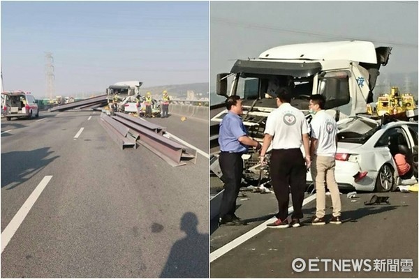 ▲國道3號北上189K24日下午發生死亡車禍，拖板車爆胎衝對向車道，白色奧迪一家三口身亡。（圖／記者莊智勝翻攝）