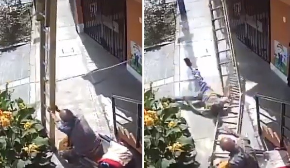 ▲祕魯一名老人發現輪椅被擋住，怒搖梯子，害46歲油漆工桑切斯（Fernández Sanchez）從30英尺（大約9公尺）高的地方摔下。（圖／翻攝Twitter@pasenavergt）
