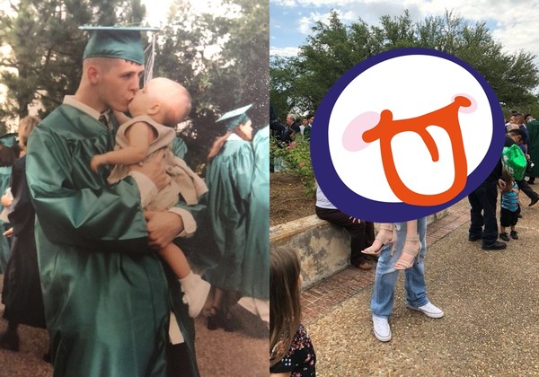 ▲▼父親抱女兒拍畢業照，18年前照片對比。（圖／翻攝自twitter／__toritilla）