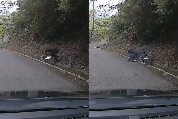 ▲▼男子騎車撞山壁，下秒蛤蟆功「華麗落地」。（圖／翻攝「爆廢公社二館」）