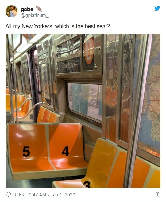 ▲▼紐約新年發燒話題「地鐵都坐哪個位置」　大家最愛4號：有安全感。（圖／翻攝推特「gplatinum_」）