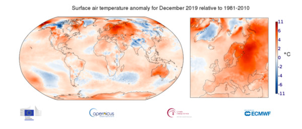 ▲與1981-2010年12月平均值相比，2019年12月地表氣溫異常。（圖／翻攝自哥白尼氣候變化服務官網）
