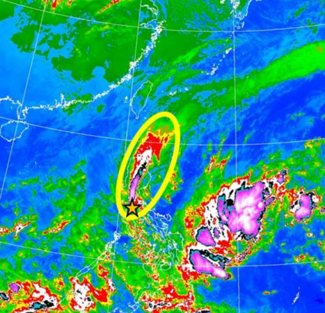 ▲▼2020/1/13日凌晨紅外線雲圖，黃圈內為菲律賓塔爾火山噴發灰雲分布的大致範圍。（圖／中央氣象局）