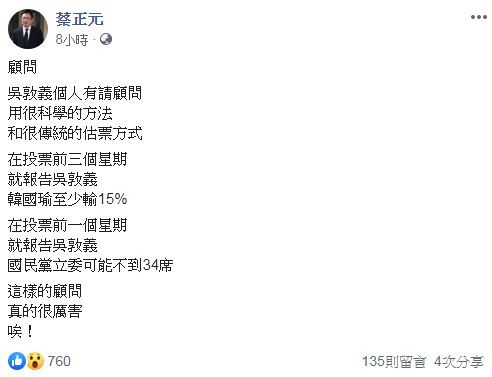 蔡正元：吳敦義選前3週就知韓會輸15％。（圖／翻攝自Facebook／蔡正元）