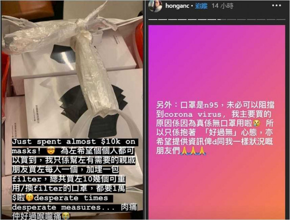 香港女星何雁詩自曝砸了約合台幣4萬塊的代價，買了10個N95口罩。（圖／翻攝IG）
