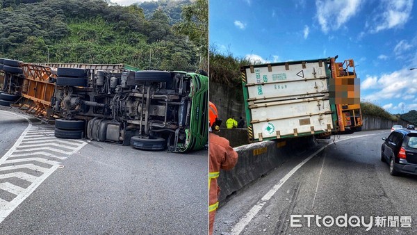 ▲ 台62甲四腳亭接62快速道路往萬里匝道處 疑大貨車過彎車速快翻覆。（圖／記者郭世賢翻攝）