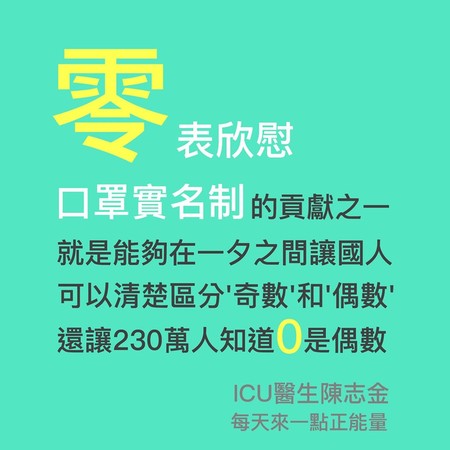 ▲陳志金稱口罩實名制最大貢獻，是讓人民知道0為偶數。（圖／翻攝自Facebook／Icu醫生陳志金）