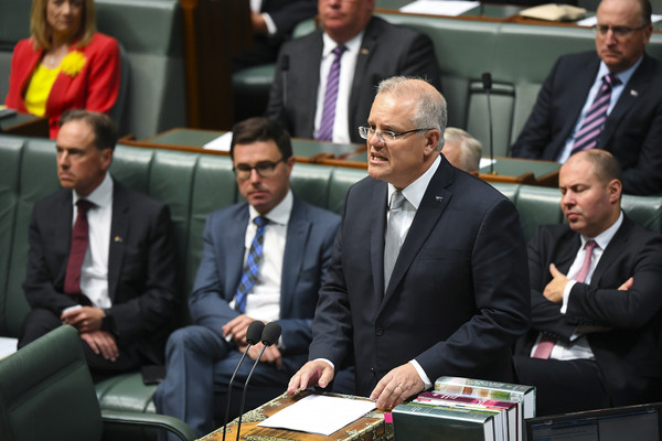 ▲▼Australian Prime Minister Scott Morrison speaks during the bushfire condolence motion in the House of Representatives at Parliament House in Canberra（圖／路透）